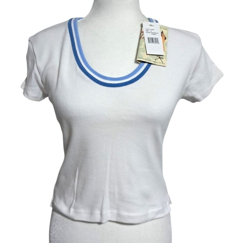 Vintage Y2K Reference Point Womens White & Blue‎ Trim Cotton Baby Tee Sz M NWT